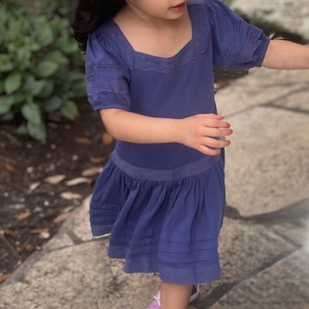Mini Boden Drop Waist Eyelet Dress Soft Starboard Blue 4-5Y